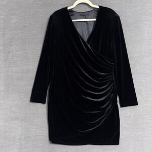 Alex Marie Dress 16 Petite Black Velvet Ruched Wrap Long Sleeve Cocktail Party